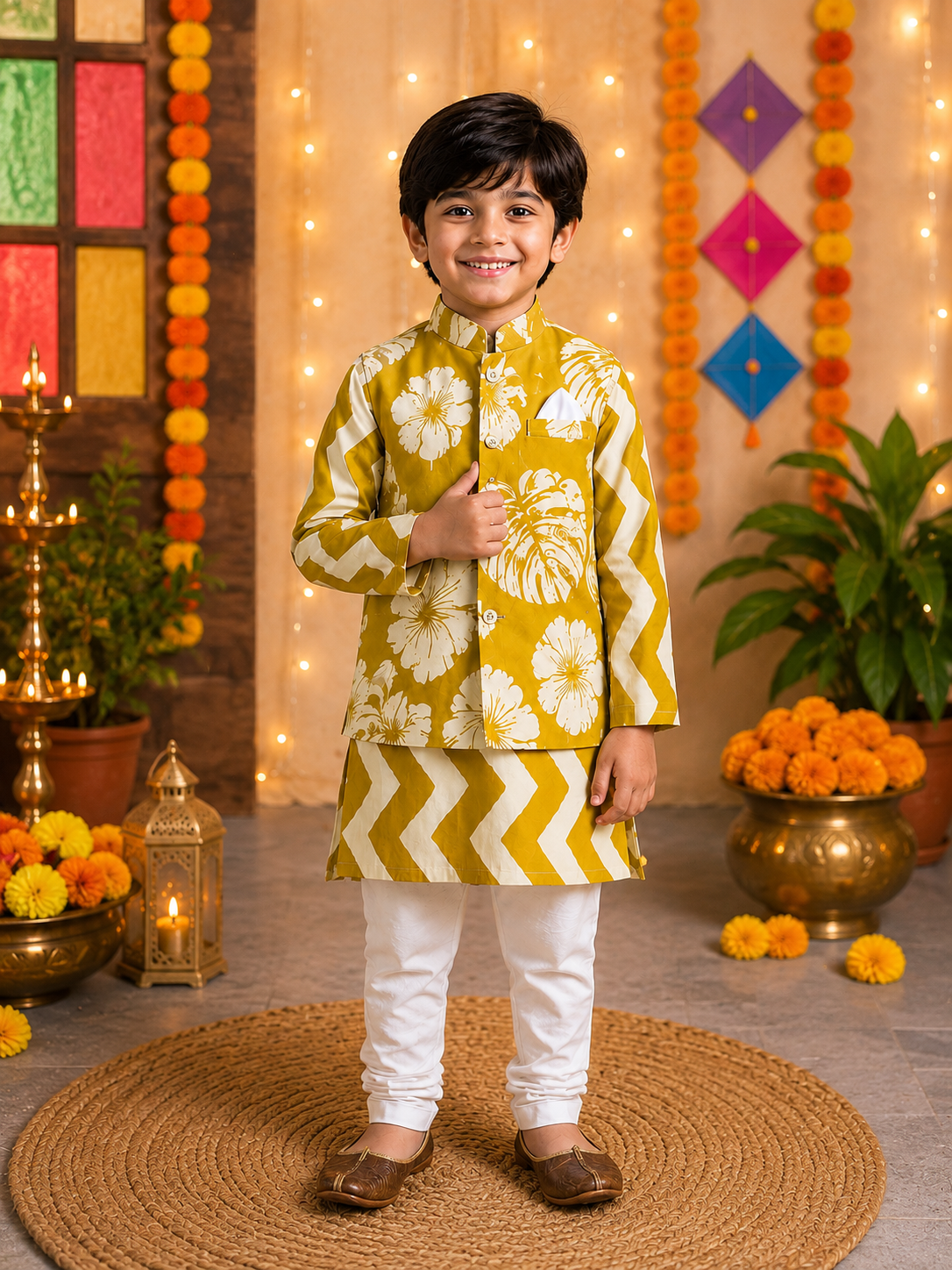 Mustard Printed Jacket & Kurta Set